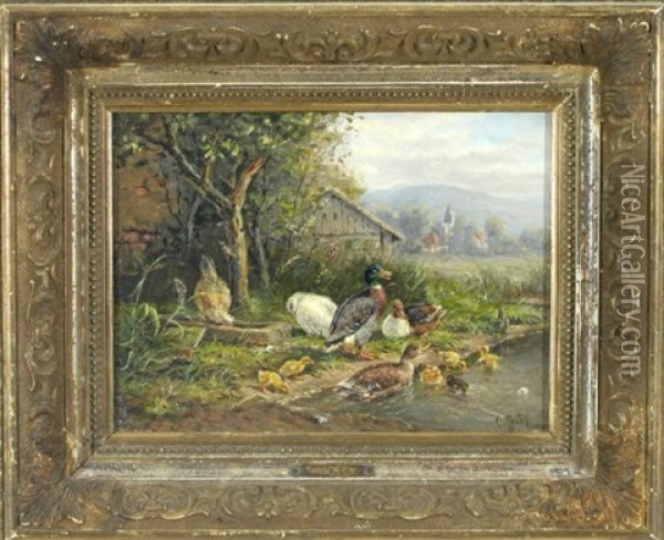 Entenfamilie Am Fluss, Im Hintergrund Eine Stadt Oil Painting - Carl Jutz the Elder