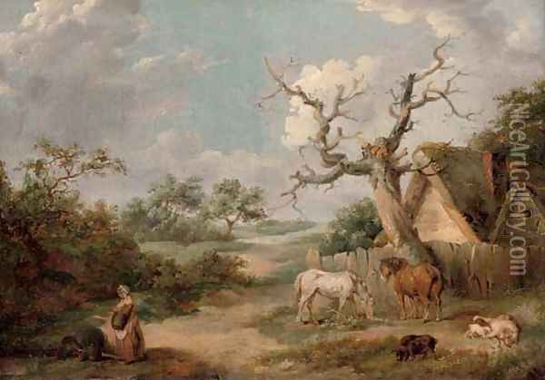 A wooded landscape with figures in the foreground and horses and pigs by a cottage Oil Painting - James Ward