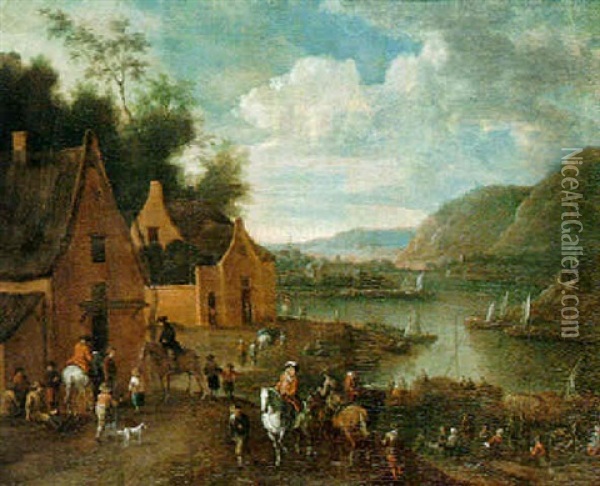 An River Landscape With Figures Along The Banks, A Town Beyond Oil Painting - Mathys Schoevaerdts