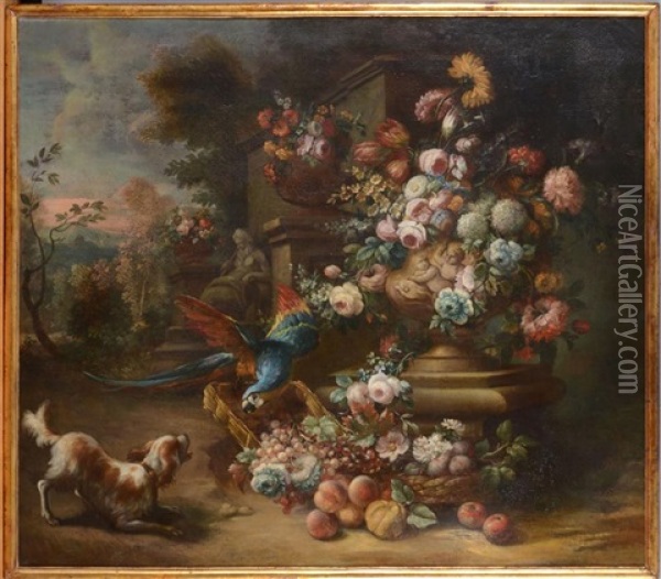 Still Life Of A King Charles Spaniel And A Parrot Oil Painting - Jean-Baptiste Oudry