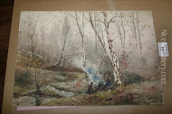 Figures Cooking Before An Open Fire In A Woodland Glade Oil Painting - Henry Charles Fox