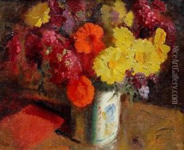 Still-life Of Daises And Poppies In A Decorated Vase Oil Painting - William Nicholson