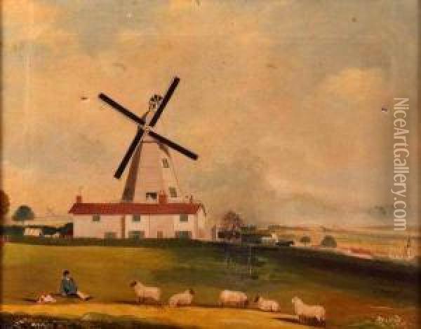 Shepherd And Sheep Before Groton Mill Oil Painting - John R. Hobart