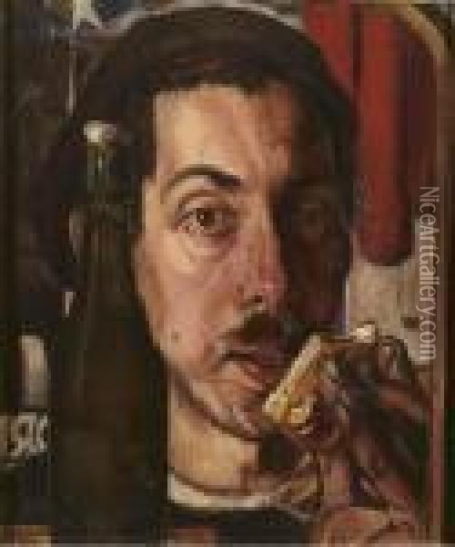 Self-portrait With A Bread Roll Oil Painting - Dick Ket