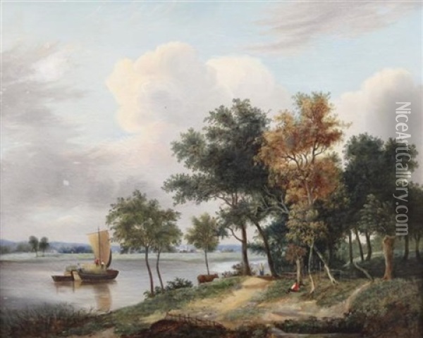 River Landscape With Sail Barge And Figures On The Bank Oil Painting - Samuel David Colkett