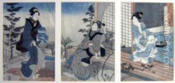 Utagawa , Three Kabuki Scenes, Woodblock Prints, 33cm X 73cm, Framed Oil Painting - Tokubei Iii Hiroshigeando