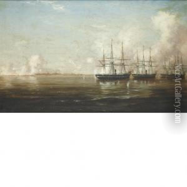Bombardment And Capture Of Fort Hatteras Oil Painting - Xanthus Russell Smith