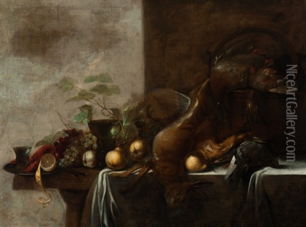 Still Life With Hare, Game, Lobster, Fruit And Wine Glasses Oil Painting - Michiel Simons