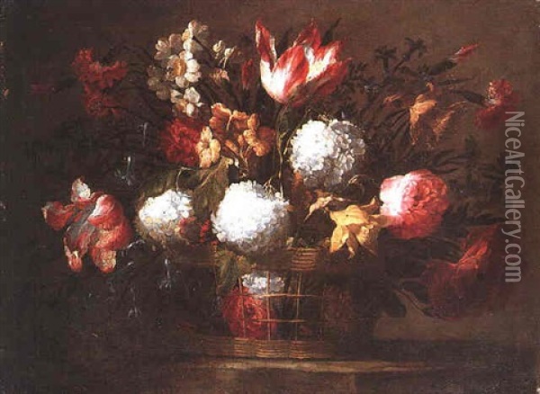 A Still Life Of Tulips, Daffodils, Narcissi, Carnations, Roses And Bluebells In A Wicker Basket On A Stone Ledge Oil Painting - Bartolome Perez