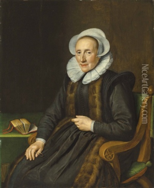 Portrait Of A Lady, Identified As Maria Mollen (1555-1621), Three-quarter-length, In A Black Fur-trimmed Gown, Seated At A Table With A Book Oil Painting - Michiel Janszoon van Mierevelt