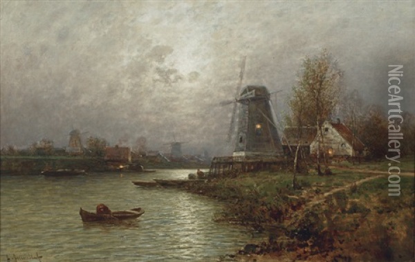 An Evening River Landscape Oil Painting - Johann Jungblut