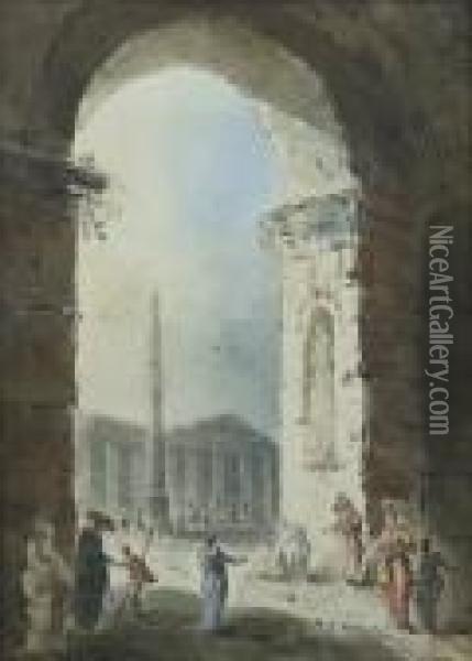 Personnages Dans Des Architectures Classiques Avec La Colonne Trajane Et Le Pantheon Oil Painting - Hubert Robert