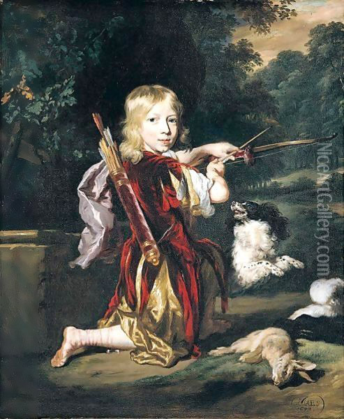 Portrait Of A Young Man, Full Length, Wearing A Red Tunic, And Holding A Bow And Arrow, With A Spaniel And A Hare Oil Painting - Nicolaes Maes