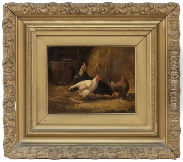 Barn Interior With Four Chickens, Hay And A Splint Basket. Oil Painting - Scott Leighton