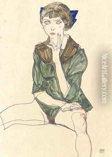 Sitzender weiblicher Halbakt in grutner Bluse Oil Painting - Egon Schiele