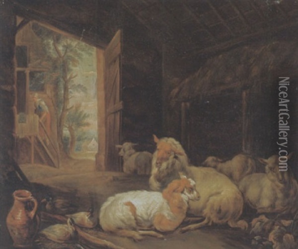 Eine Scheune Mit Schafen Und Enten Oil Painting - Jan van Gool