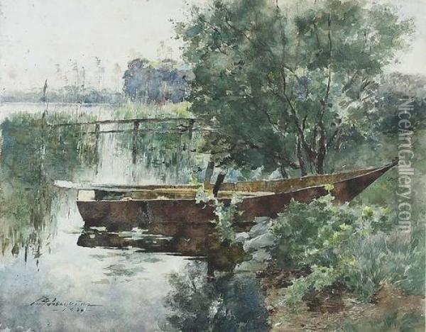 Uferpartie Mit Barke Am Neuenburgersee. Oil Painting - Paul Bouvier