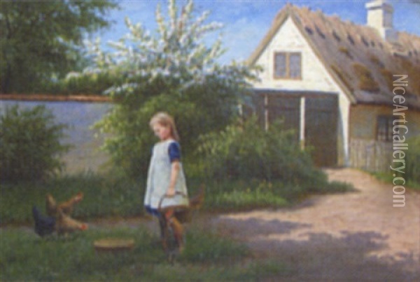 Feeding Chickens Oil Painting - Alfred (Valdemar) Larsen