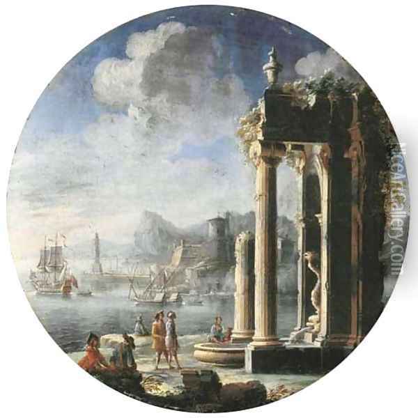 A capriccio of architectural ruins with figures by a fountain Oil Painting - Gennaro Greco