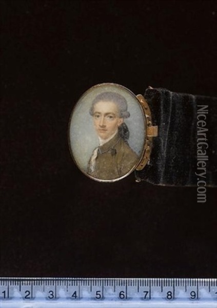 A Gentleman Wearing Moss-green Coat With Grey Piping And Tasselled Button Loop, Red Waistcoat And White Lace Cravat, His Powdered Wig Worn En Queue With A Large Black Ribbon Oil Painting - William Singleton