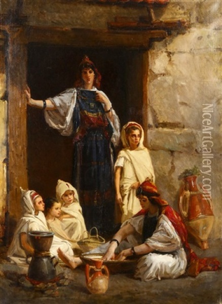 Orientalist Family At Doorway Preparing Cous-cous Oil Painting - Isidore Alexandre Augustin Pils