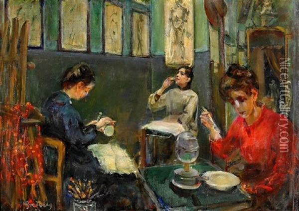 Academie Julian (stora Dame Ateliern) Med Mademoiselle Beson Som Dricker Ur Sitt Glas Oil Painting - Mina Carlson-Bredberg