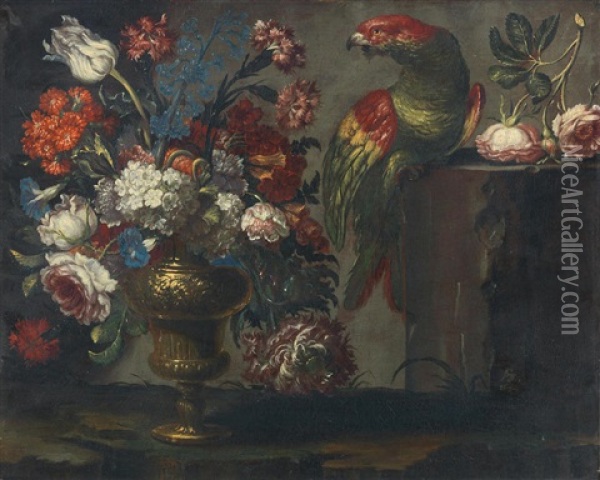 A Still Life Of Flowers In A Gilt Vase With A Parrot Oil Painting - Andrea Scacciati