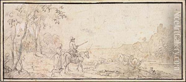Landscape With A Cowherd With His Wife And Dog Watching Cattle From A Hill Oil Painting - Nicolaes Berchem