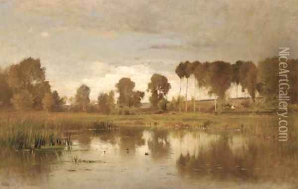 Landscape with Pond and Poplars Oil Painting - Ernest Parton