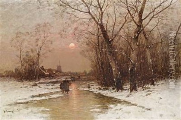 Sunset On A Winter Day Oil Painting - Johann Jungblut