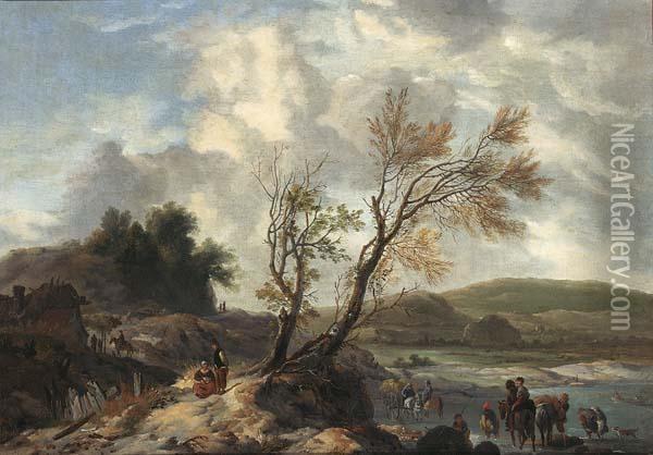 Dune Landscape With Travellers 
On A Path Horsemen And A Horse-drawn Wagon 
Fording A Stream Together With Figures Bathing 
In The Background Oil Painting - Pieter Wouwermans or Wouwerman