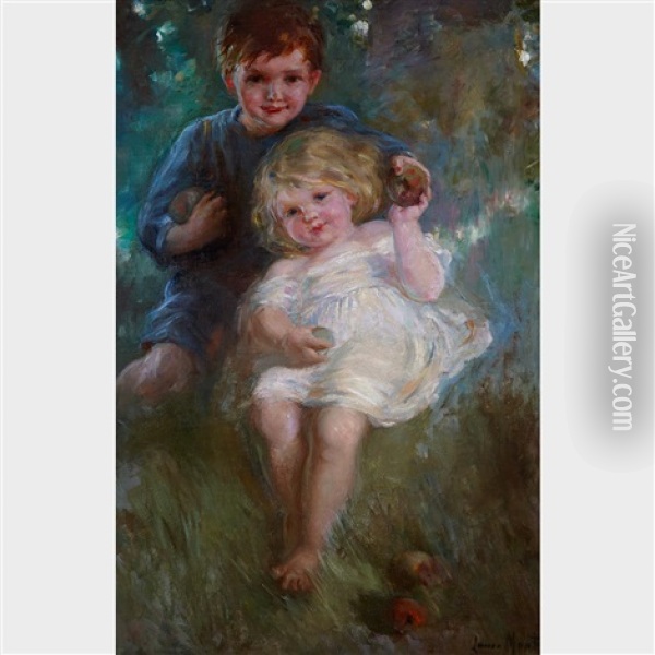 Portrait Study Of Two Children In An Orchard Oil Painting - Laura Adeline Muntz