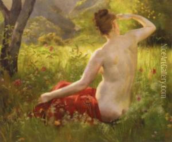 Nude In A Summer Landscape Oil Painting - Emile Louis Foubert