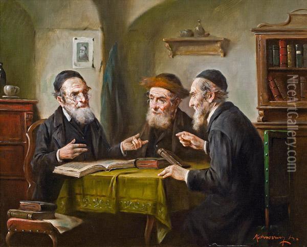 Drei Judische Gelehrte Oil Painting - Lajos Kolozsvary