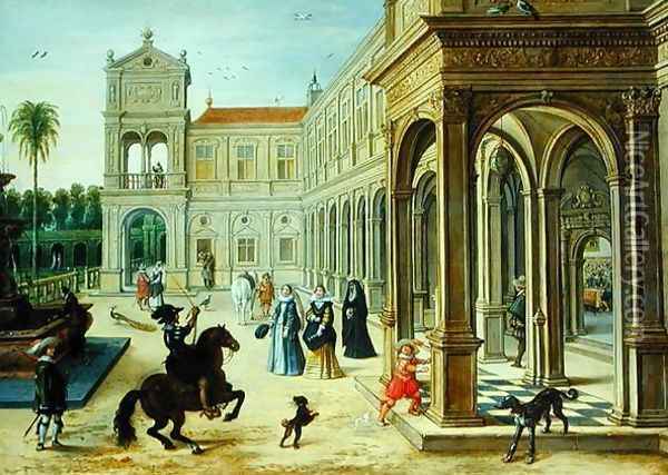 Horseman and Elegant Figures Outside a Palace Courtyard Oil Painting - Sebastien Vrancx