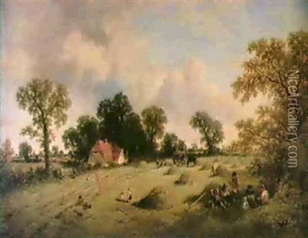 Haymaking In Hampshire Oil Painting - James E. Meadows