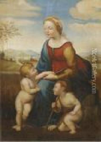 The Madonna And Child With The 
Infant Saint John The Baptist In Alandscape: La Belle Jardiniere Oil Painting - Raphael (Raffaello Sanzio of Urbino)