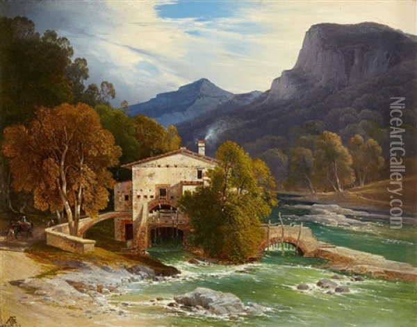 A Southern Valley With A Water Mill Oil Painting - August Wilhelm Ferdinand Schirmer