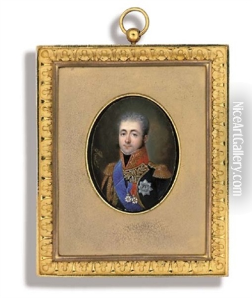 Armand Louis De Broc, Aide-de-camp To King Louis Of Holland In Major-general's Uniform With Gold-embroidered Lapels, Scarlet Collar And Epaulettes, Black Stock, Gold Aiguillettes, Blue Sash Oil Painting - Louis Marie Autissier