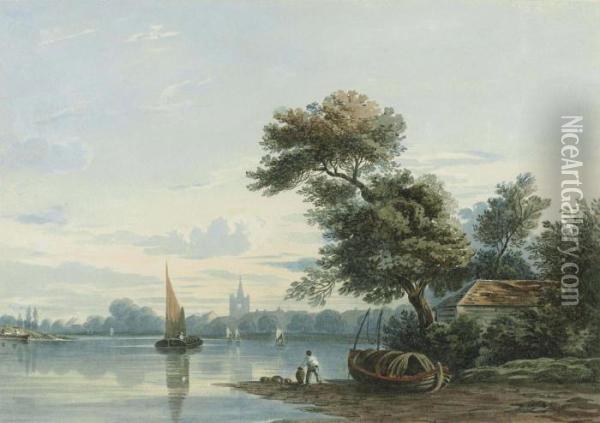 Barges On The Thames Near Chiswick, London Oil Painting - John Varley