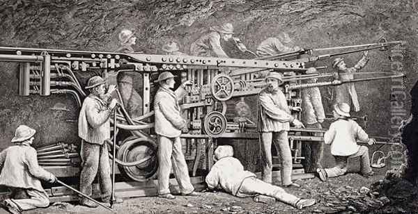 The Advanced Gallery on the French Side of the Mont Cenis Tunnel, with the 'Perforatrices' at Work, from 'The Ascent of the Matterhorn by Edward Whymper, published 1860s-80s Oil Painting - Edward Whymper