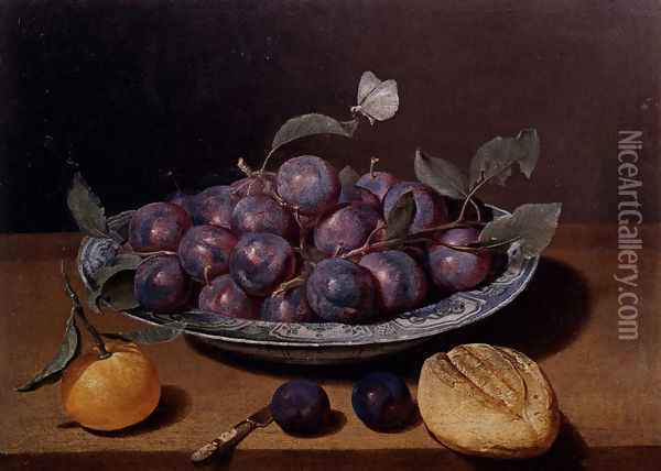 Still Life Of A Plate Of Plums And A Loaf Of Bread Oil Painting - Jacques Linard