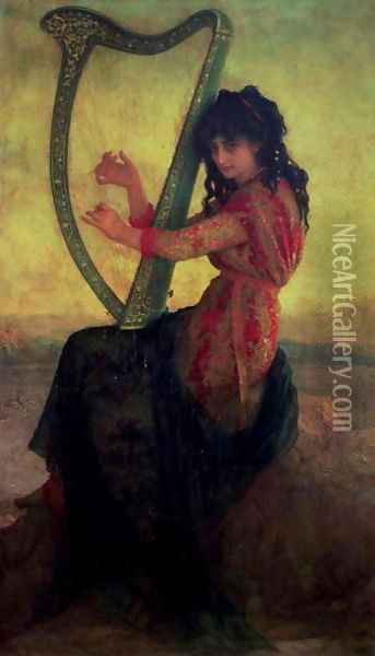 Muse Playing the Harp 2 Oil Painting - Antoine Auguste Ernest Hebert