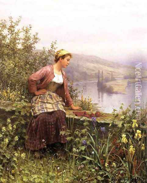 Brittany Girl Overlooking Stream Oil Painting - Daniel Ridgway Knight