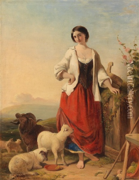 Shepherdess Against An Open Landscape Oil Painting - Thomas Falcon Marshall