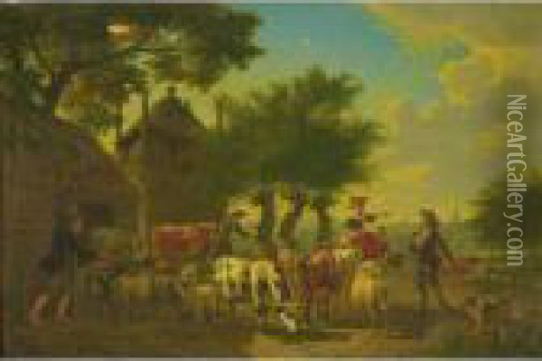 An Extensive Landscape With Shepherds, Sheep, Goats And Cows Oil Painting - Jan van Gool