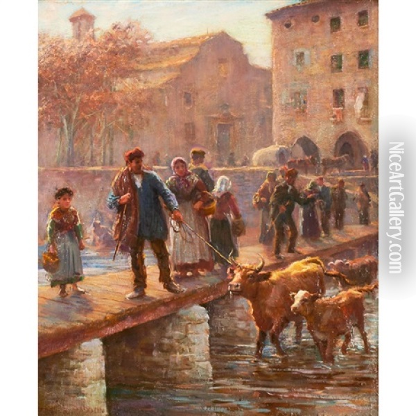 Market Day, Girona, Spain Oil Painting - Arthur Trevor Haddon