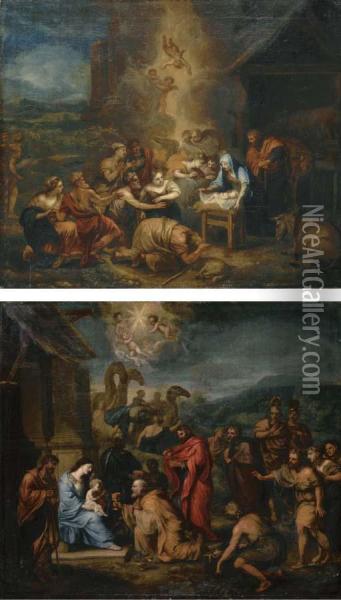 The Adoration Of The Shepherds; And The Adoration Of The Magi Oil Painting - Gilles Hallet