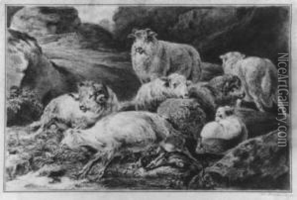 Ruhende Schafe In Berglandschaft Oil Painting - Johann Josef Storchlin