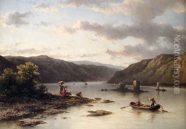 A Rhenish River Landscape With Fishermen In A Boat And Washerwomen On A Bank Oil Painting - Johannes Hilverdink